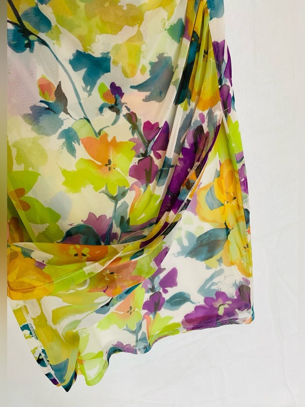 London Times Floral Watercolor Sheath Dress Sz 10 Ruched V-Neck Cap Sleeve Multi - Picture 10 of 12